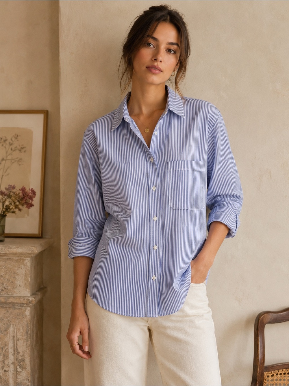 Zara Blue and White Thin-Striped Button Shirt